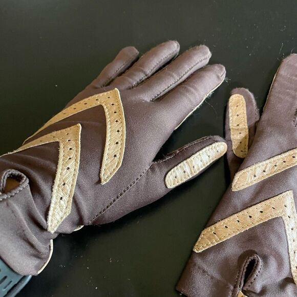 Vintage Aris Isotoner Brown Fleece Lined Gloves Suede Tan Trim Womens One Size - Picture 4 of 6